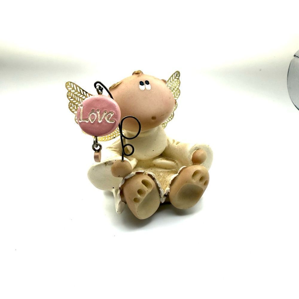 Vintage Handmade Kirk Angel Cheeks Figurine Holding LOVE Charm Gold Tone Wings